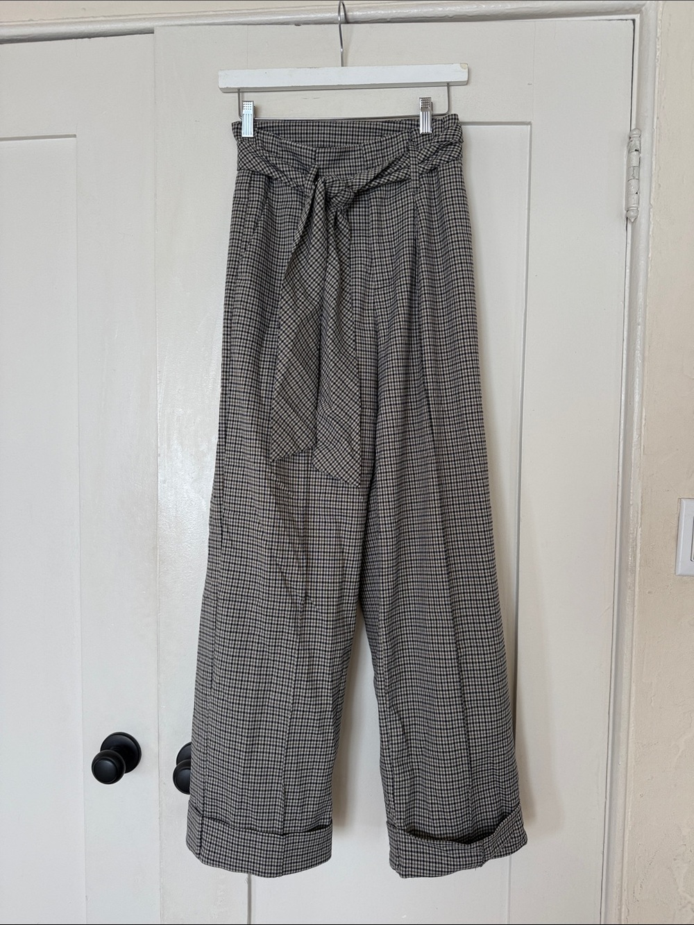 High-Waist Plaid Wide-Leg Paperbag Pants - Gray Check